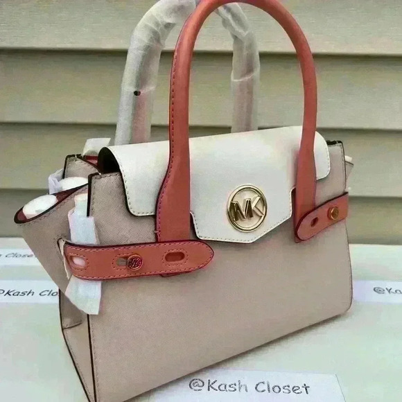 Michael Kors Carmen Medium Satchel Purse Color Block Belted Saffiano Leather - Picture 2 of 10